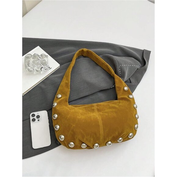 Compact Rivet Suede Underarm Bag - Top Handle Zipper Purse for All Occasions - Picture 5 of 6